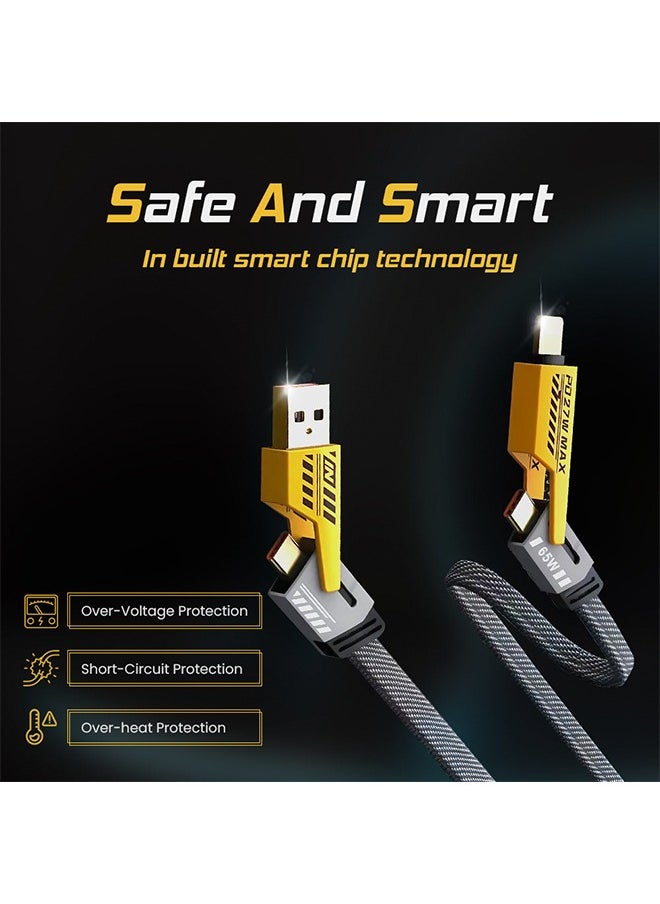4-in-1 Fast Charging Cable 65W – Braided USB-C & USB-A Metal Cable for iPhone & Android | Durable Multi-Device Charger with Warr