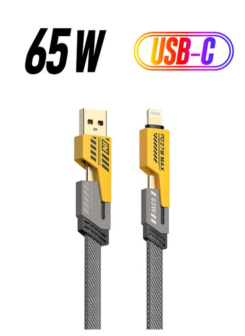 4-in-1 Fast Charging Cable 65W – Braided USB-C & USB-A Metal Cable for iPhone & Android | Durable Multi-Device Charger with Warr