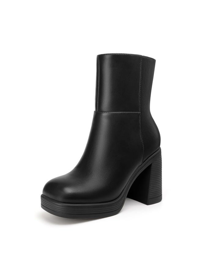 Athlefit Women's Platform Ankle Boots High Chunky Block Heel Square Toe Booties Shoes, Black, 6 - Image 1