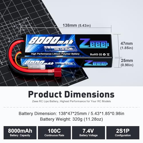 Zeee 2S Lipo Battery 8000mAh 7.4V 100C Hard Case with T Plug for RC Car Truck Truggy Boat Helicopter(2 Pack) - Image 2