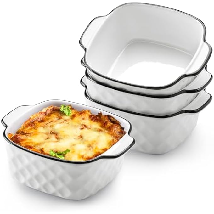 ريحني أطباق خبز خزفية بحجم 13 أونصة مجموعة من 4 أطباق مربعة 400 مل طبق خبز صغير للقلاية الهوائية أواني خزف بمقابض تصميم ماسي مجموعة من 4 - Image 2