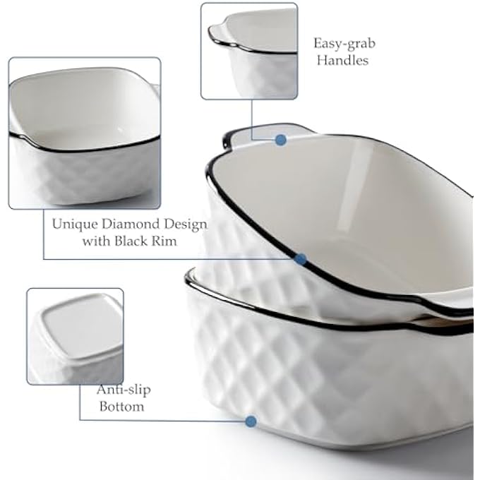 ريحني أطباق خبز خزفية بحجم 13 أونصة مجموعة من 4 أطباق مربعة 400 مل طبق خبز صغير للقلاية الهوائية أواني خزف بمقابض تصميم ماسي مجموعة من 4 - Image 4