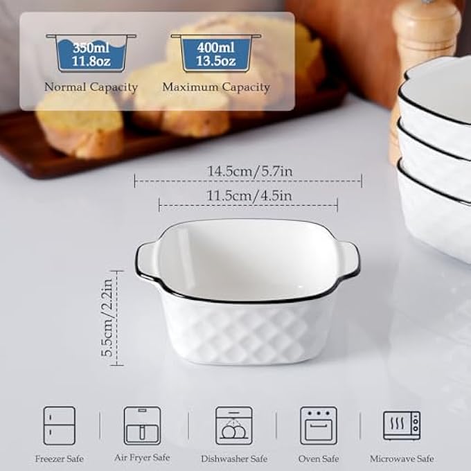 ريحني أطباق خبز خزفية بحجم 13 أونصة مجموعة من 4 أطباق مربعة 400 مل طبق خبز صغير للقلاية الهوائية أواني خزف بمقابض تصميم ماسي مجموعة من 4 - Image 3