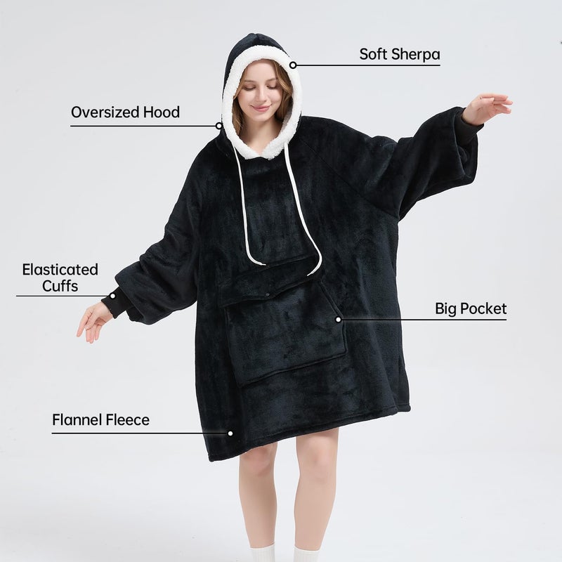Qeils Wearable Blanket Hoodie for Women, Comfy Sherpa Sweatshirt Blanket as Birthday Christmas Gifts, Oversized Pullover Jacket Blanket Hoodie for Adult (Carbon Blackâ€‹, Adult) - Image 3