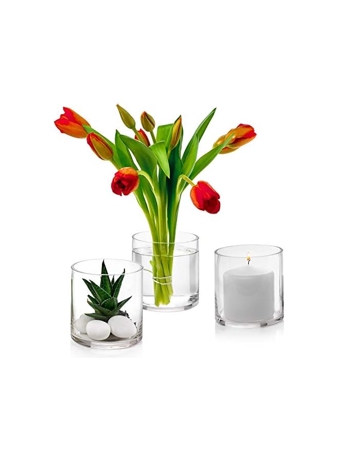 The Bros Set of 3 Glass Cylinder Vases 4 Inch Tall - Multi-use: Pillar Candle, Floating Candles Holders or Flower Vase – Perfect as a Wedding Centerpieces. - Image 4