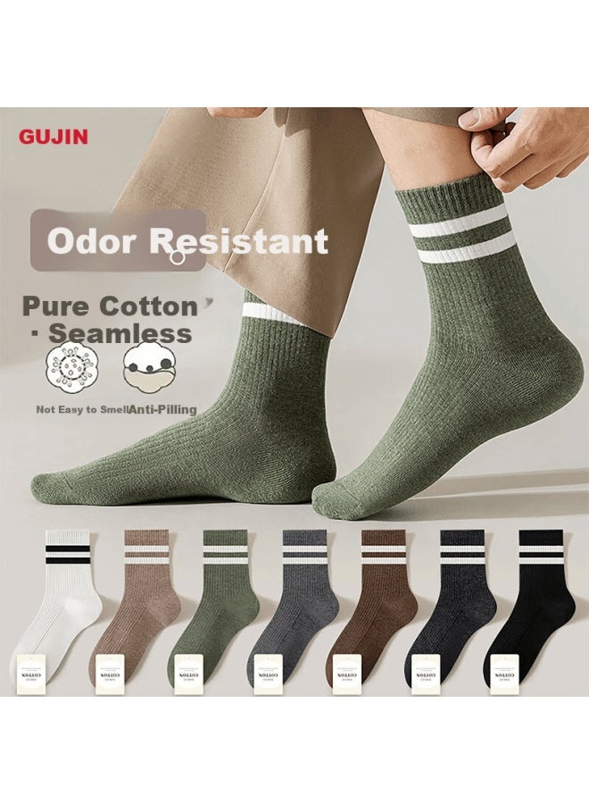 Gujin Men's 100% Cotton Mid-calf Socks Breathable Odor-resistant Durable Sports Casual Trendy Socks Spring And Autumn - Image 1