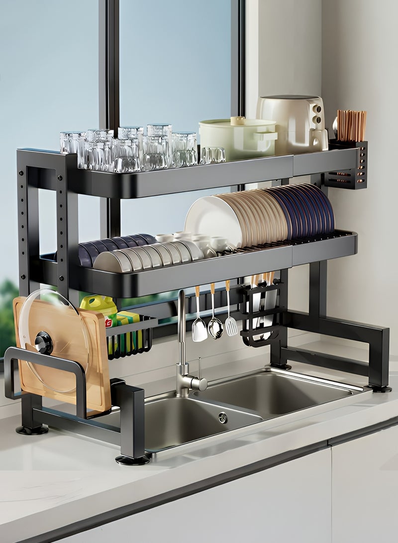 تايمي مجفف صحون-رف تجفيف الأطباق فوق الحوض مزدوج الطبقات، منظم اطباق واكواب فوق الحوض من الفولاذ مع سلة ادوات المائدة وحامل سكاكين وحامل لوح التقطيع للمطبخ والمطعم باللون الأسود - 105x29x77 سم - Image 1