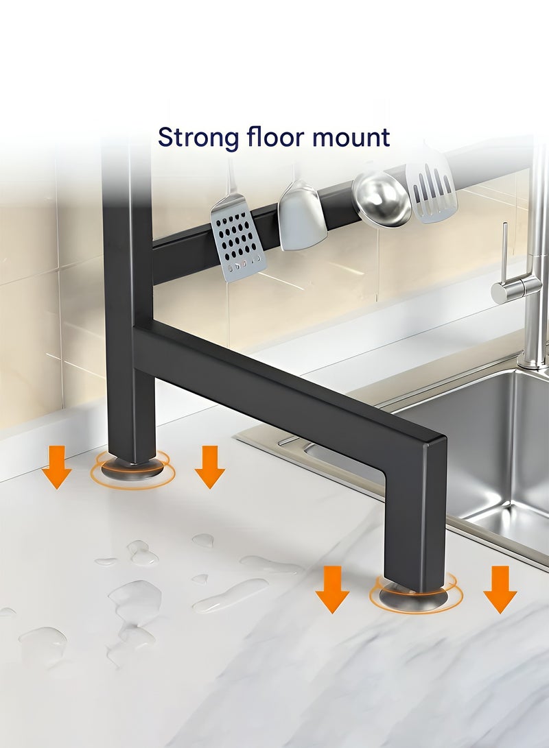 تايمي مجفف صحون-رف تجفيف الأطباق فوق الحوض مزدوج الطبقات، منظم اطباق واكواب فوق الحوض من الفولاذ مع سلة ادوات المائدة وحامل سكاكين وحامل لوح التقطيع للمطبخ والمطعم باللون الأسود - 105x29x77 سم - Image 5