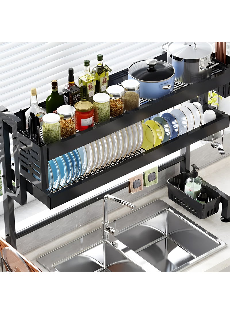 تايمي مجفف صحون-رف تجفيف الأطباق فوق الحوض مزدوج الطبقات، منظم اطباق واكواب فوق الحوض من الفولاذ مع سلة ادوات المائدة وحامل سكاكين وحامل لوح التقطيع للمطبخ والمطعم باللون الأسود - 105x29x77 سم - Image 4