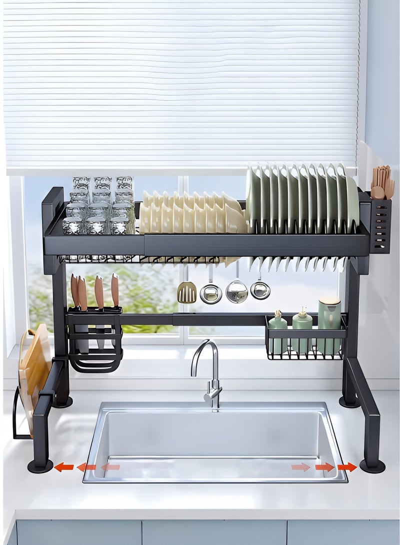 تايمي مجفف صحون-رف تجفيف الأطباق فوق الحوض مزدوج الطبقات، منظم اطباق واكواب فوق الحوض من الفولاذ مع سلة ادوات المائدة وحامل سكاكين وحامل لوح التقطيع للمطبخ والمطعم باللون الأسود - 105x29x77 سم - Image 3