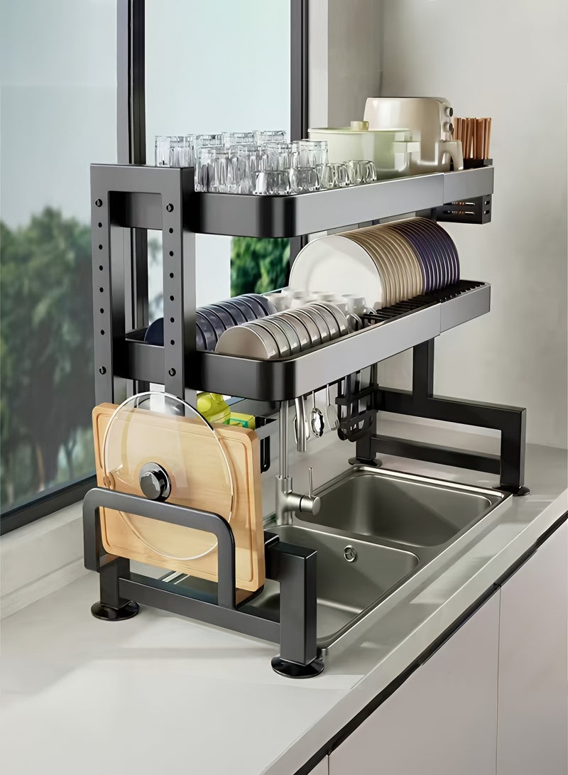 تايمي مجفف صحون-رف تجفيف الأطباق فوق الحوض مزدوج الطبقات، منظم اطباق واكواب فوق الحوض من الفولاذ مع سلة ادوات المائدة وحامل سكاكين وحامل لوح التقطيع للمطبخ والمطعم باللون الأسود - 105x29x77 سم - Image 2