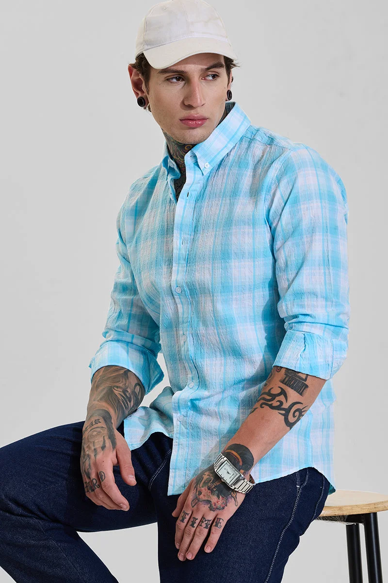 SNITCH Light Aqua Blue Checkered Long Sleeve Slim Fit Shirt