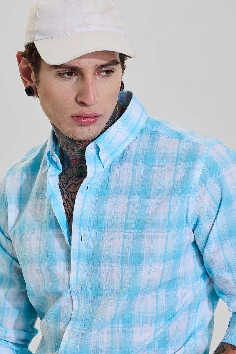 سنيتش Light Aqua Blue Checkered Long Sleeve Slim Fit Shirt