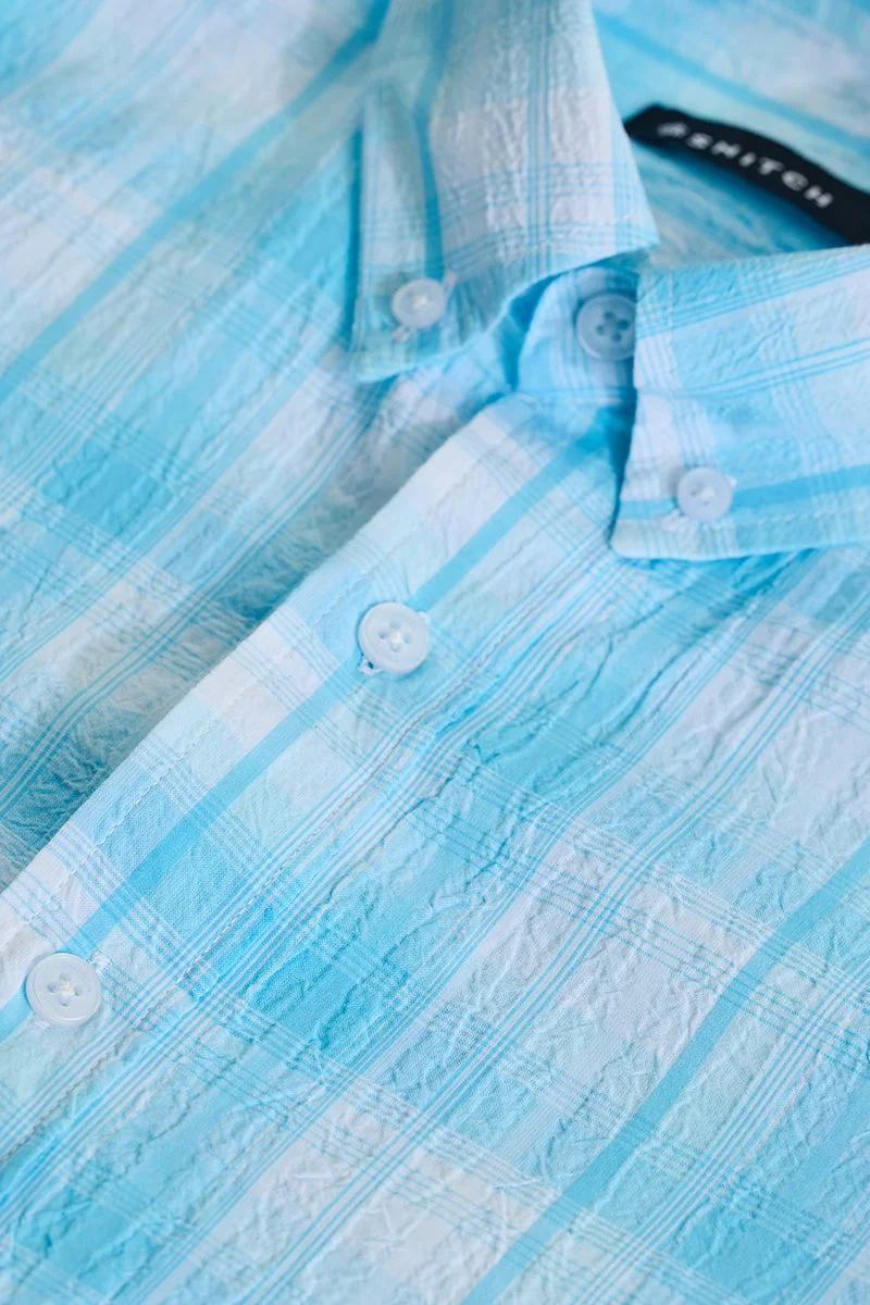 سنيتش Light Aqua Blue Checkered Long Sleeve Slim Fit Shirt