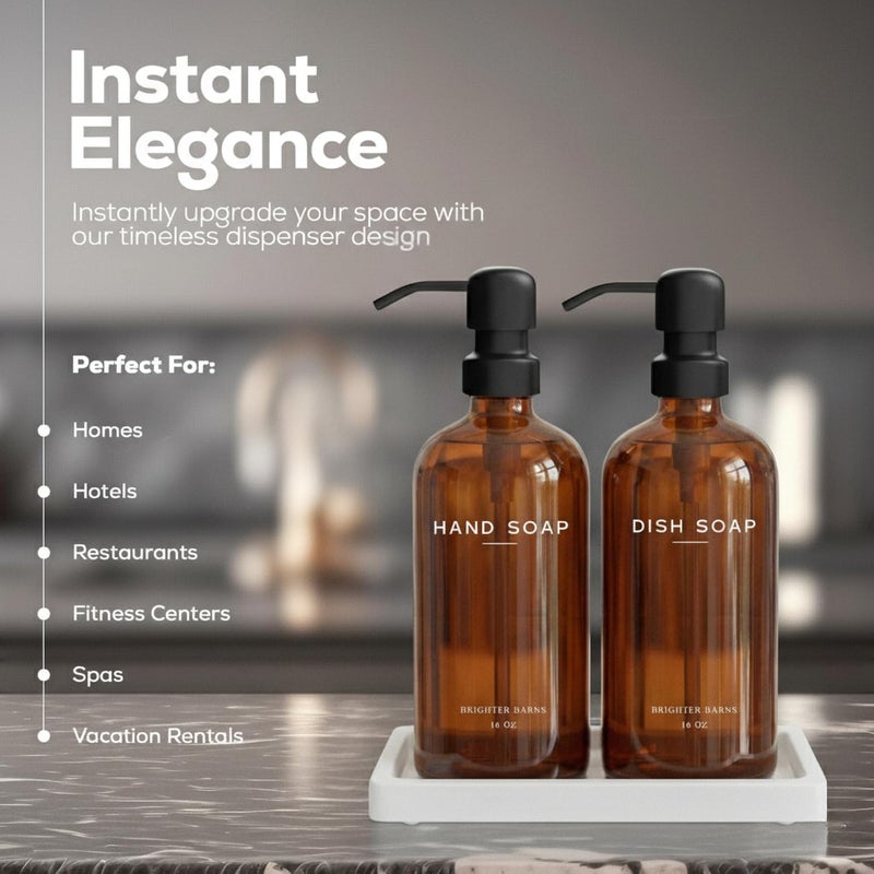 Brighter Barns Amber Glass Hand and Dish Soap Dispenser Set with Tray - Modern Kitchen Decor - Image 2