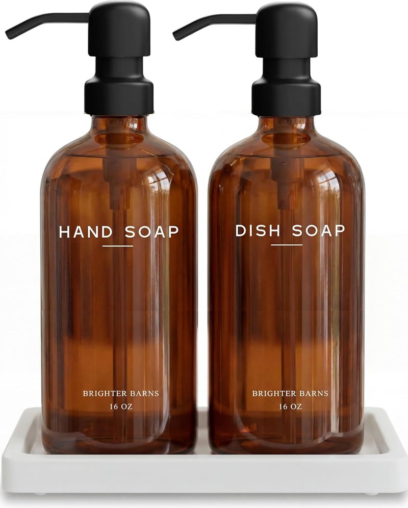 Brighter Barns Amber Glass Hand and Dish Soap Dispenser Set with Tray - Modern Kitchen Decor - Image 1