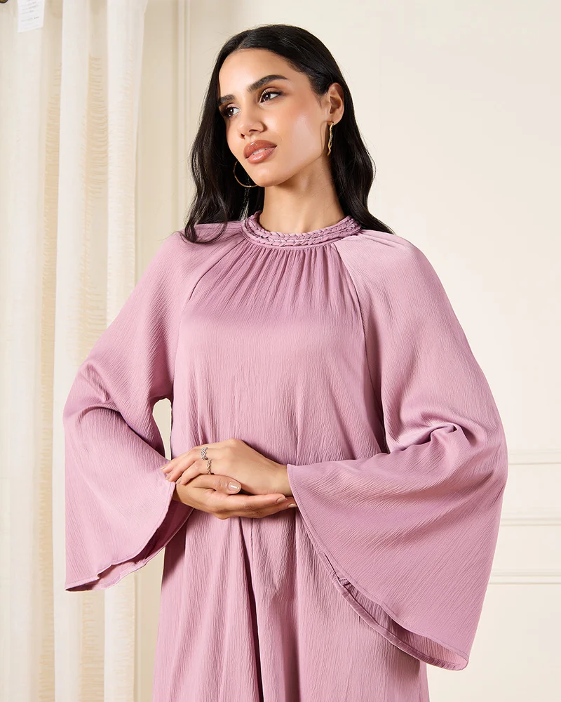 Redtag Women Mauve Braded Neck Detailed Kaftan Dress