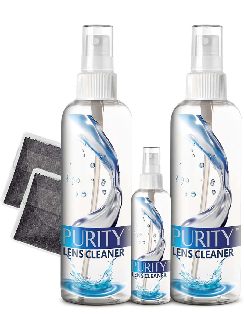 مجموعة منظف عدسات النظارات بيوريتي - 2 × 8oz و 1 × 2oz زجاجة بخاخ منظف العدسات + 2 قطعة قماش تنظيف من الألياف الدقيقة - آمن لجميع العدسات (يشمل طلاء AR)، للنظارات والشاشات - شفاف