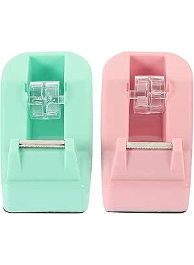 Creative Macaron Tape Dispenser 2 Pack Portable Desk Cutter Sticker Accessory Pink Green - Image 1