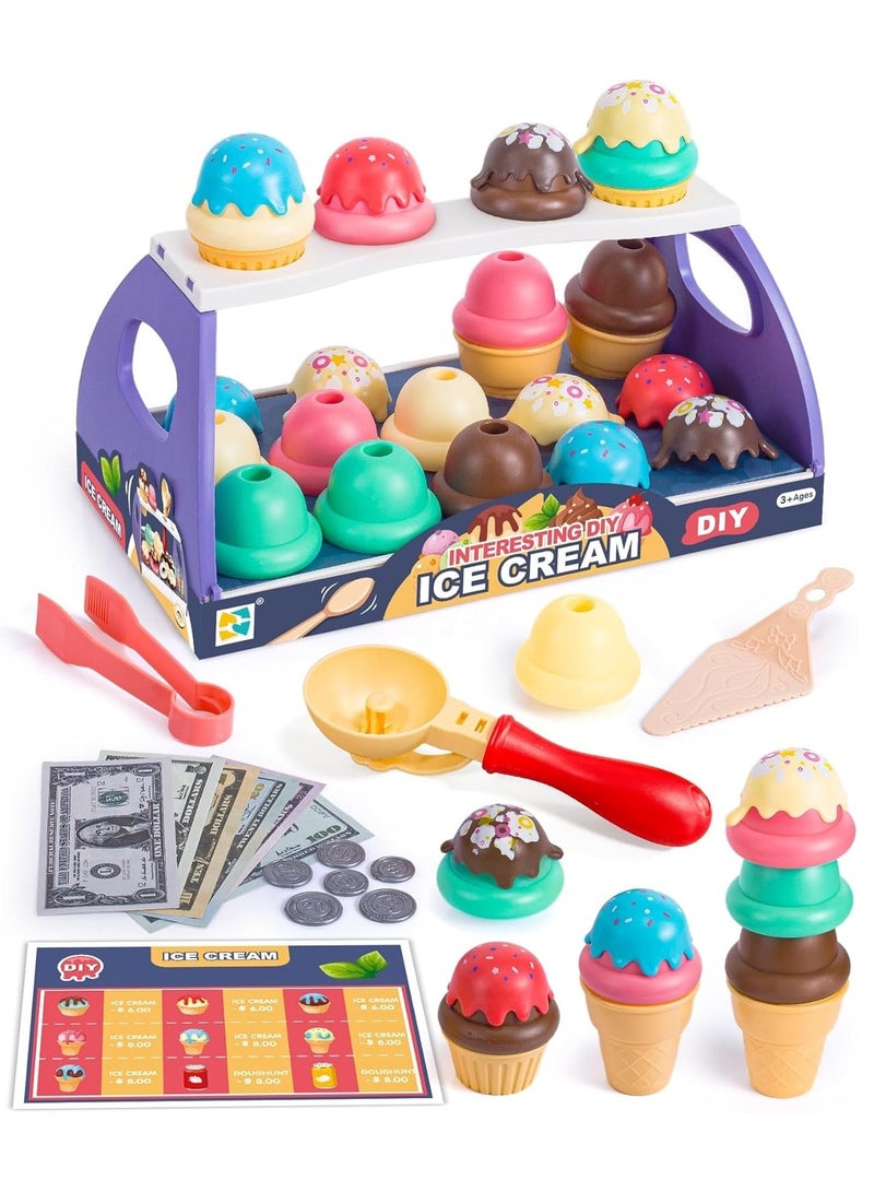 Serve Ice Cream Counter Toy, Ice Cream Toy Play Set for Kids, Toddler Ice Cream Counter Shop (39 Pcs) - Educational Pretend Play Food and Accessories, Great Gift for 3 4 5 6 Year Old Girl or Boy - Image 1