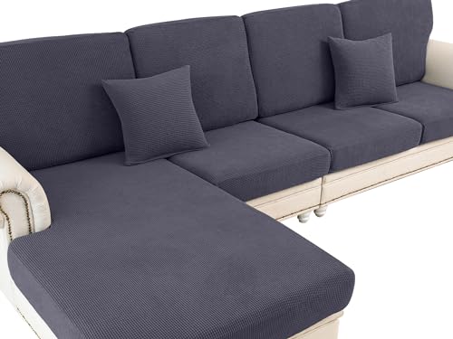 LA MEACK Couch Cushion Covers for Sectional Sofa L Shape Washable Separate Seat Chaise Couch Cover Stretch Sofa Slipcovers with 2 Pcs Pillowcases(2 Seater + 1 Chaise, Dark Grey) - Image 1