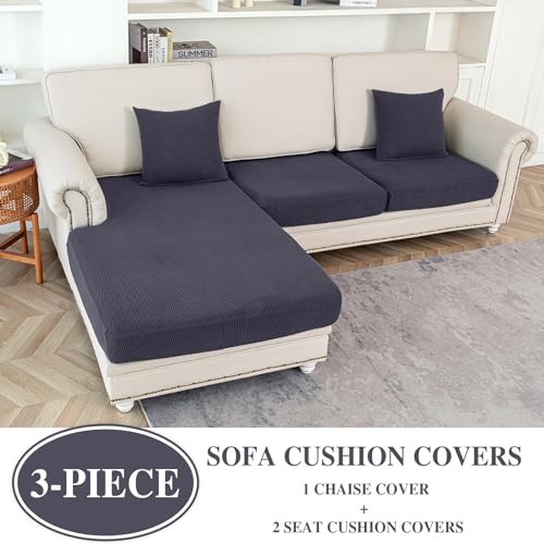 LA MEACK Couch Cushion Covers for Sectional Sofa L Shape Washable Separate Seat Chaise Couch Cover Stretch Sofa Slipcovers with 2 Pcs Pillowcases(2 Seater + 1 Chaise, Dark Grey) - Image 2