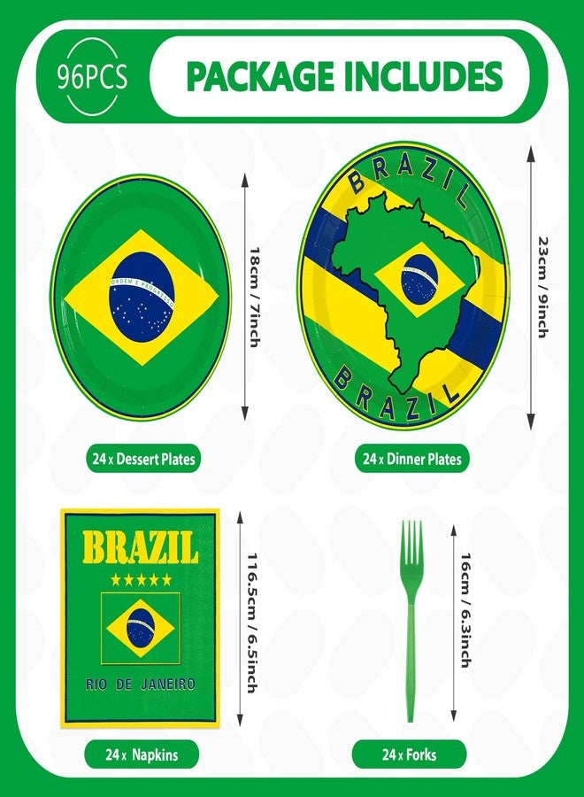 Grencian 96 Pcs Brazil Flag Birthday Party Supplies Brazil Flag Party Plates and Napkins Disposable Brazilian Flag Tableware Set for Brazil Party Decorations Patriotic Event Birthday Family Gathering Serves 24 - Image 2