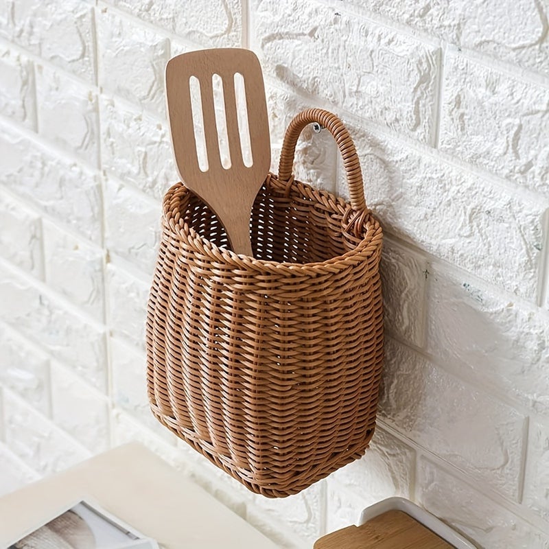 Imitation Rattan Woven Wall Hanging Basket for Spoon, Chopsticks, Flowers And Sundries Storage, Portable Wall-Mounted Storage Basket for Home Decoration, Shelf Baskets - Image 2