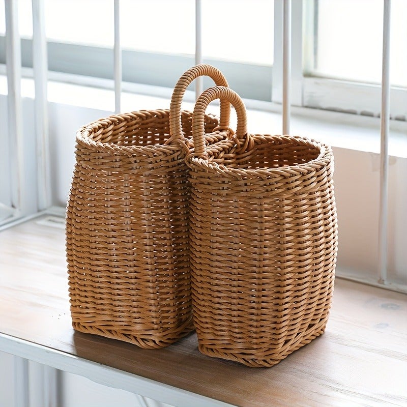 Imitation Rattan Woven Wall Hanging Basket for Spoon, Chopsticks, Flowers And Sundries Storage, Portable Wall-Mounted Storage Basket for Home Decoration, Shelf Baskets - Image 4