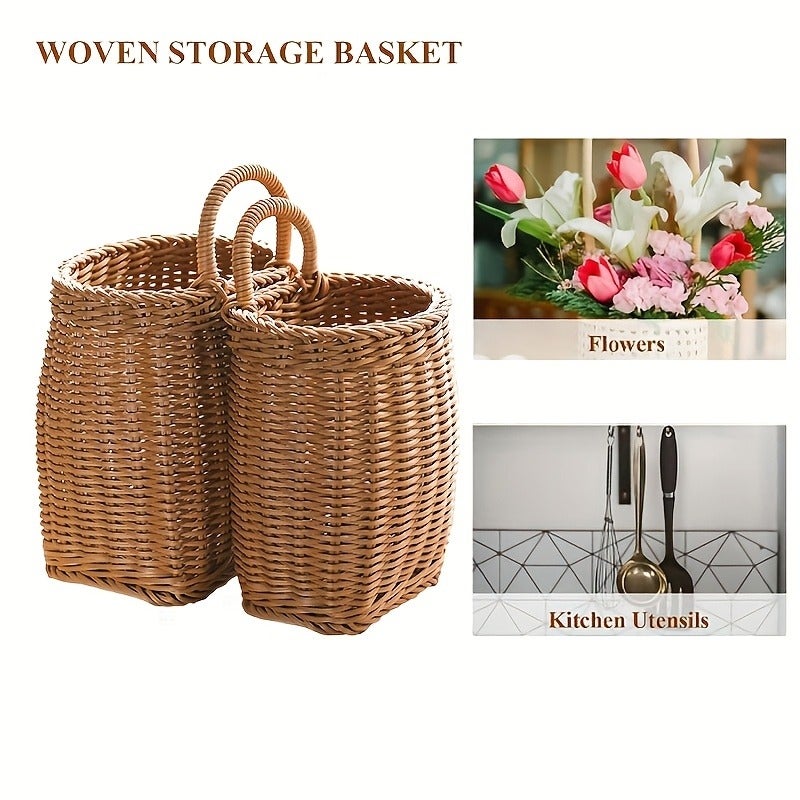 Imitation Rattan Woven Wall Hanging Basket for Spoon, Chopsticks, Flowers And Sundries Storage, Portable Wall-Mounted Storage Basket for Home Decoration, Shelf Baskets - Image 3