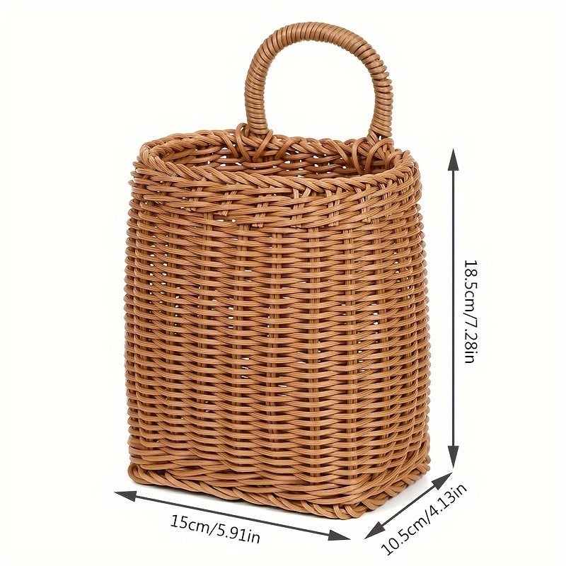 Imitation Rattan Woven Wall Hanging Basket for Spoon, Chopsticks, Flowers And Sundries Storage, Portable Wall-Mounted Storage Basket for Home Decoration, Shelf Baskets - Image 1