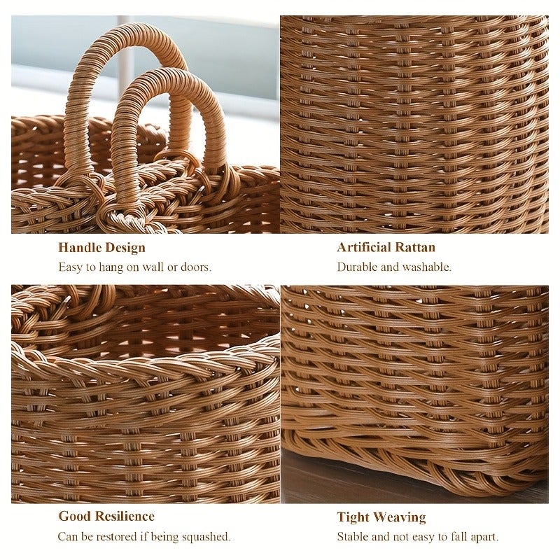 Imitation Rattan Woven Wall Hanging Basket for Spoon, Chopsticks, Flowers And Sundries Storage, Portable Wall-Mounted Storage Basket for Home Decoration, Shelf Baskets - Image 5