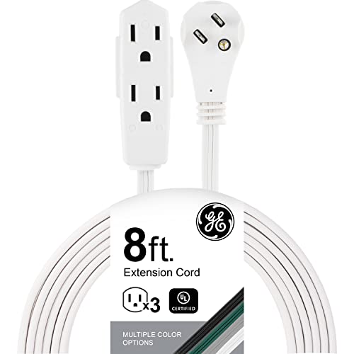 GE 3Outlet Flat Extension Cord 8 Ft Grounded Extension Cord with Multiple Outlets 3 Prong Outlet Extender Flat Plug Indoor Power Strip 16 Gauge UL Listed White 50251