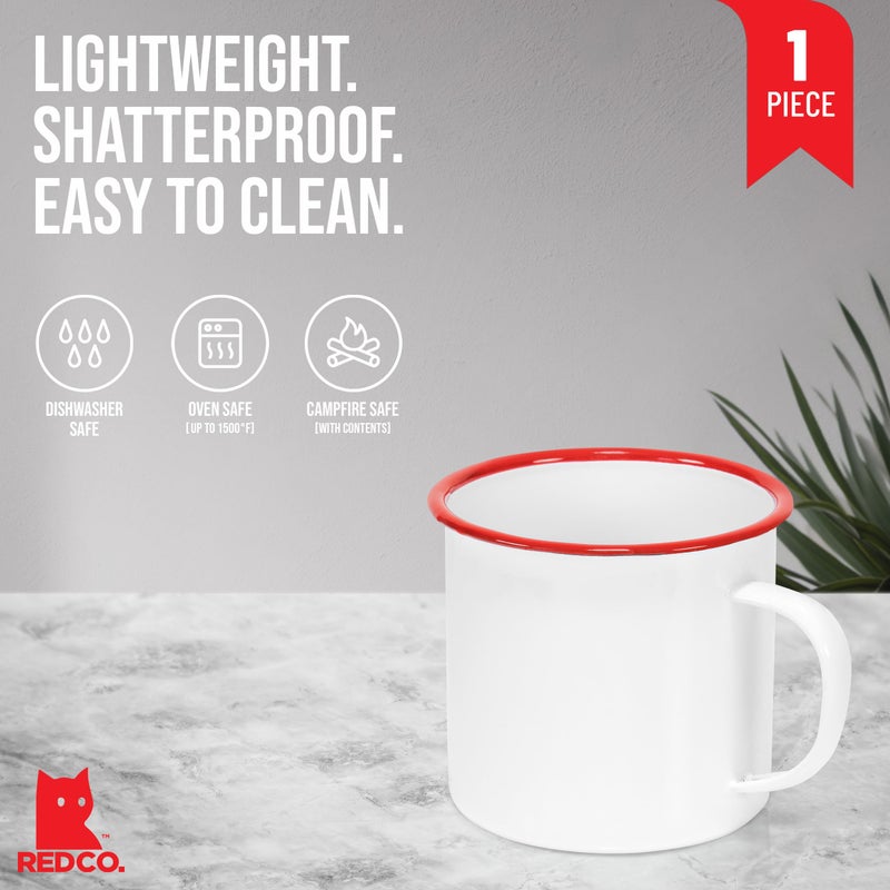 Red Co. Enamelware Metal Large Classic 22 Oz Round Coffee and Tea Mug with Handle, Solid White/Red Rim - Image 3