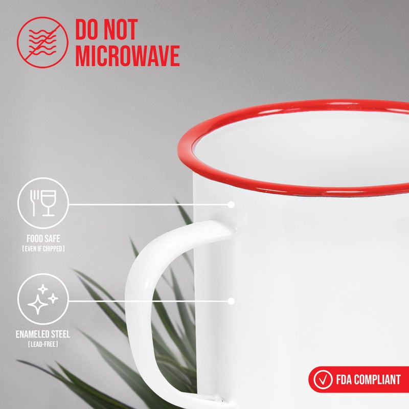 Red Co. Enamelware Metal Large Classic 22 Oz Round Coffee and Tea Mug with Handle, Solid White/Red Rim - Image 4
