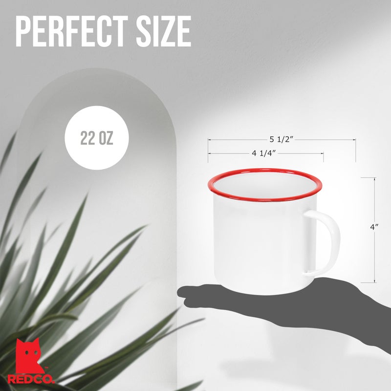 Red Co. Enamelware Metal Large Classic 22 Oz Round Coffee and Tea Mug with Handle, Solid White/Red Rim - Image 2
