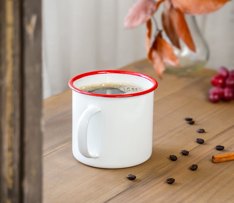 Red Co. Enamelware Metal Large Classic 22 Oz Round Coffee and Tea Mug with Handle, Solid White/Red Rim - Image 5