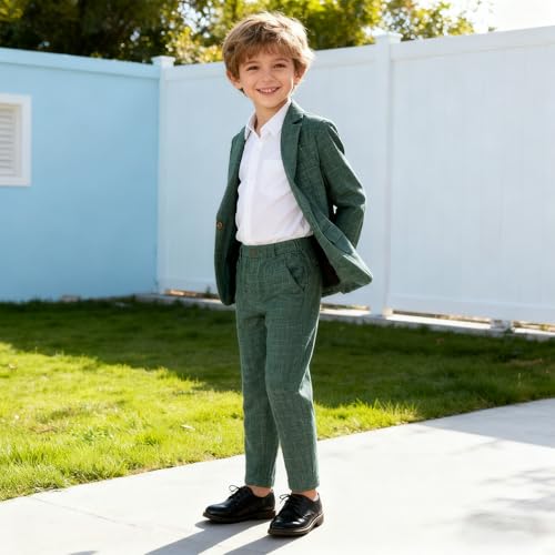 LOLANTA Kids Boys Plaid Suit Fashion Blazer Pants Set 2 Piece Formal Wear Outfit for Wedding(Green, 10-11) - Image 4