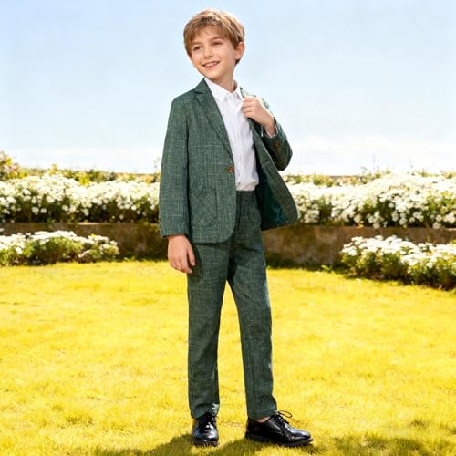 LOLANTA Kids Boys Plaid Suit Fashion Blazer Pants Set 2 Piece Formal Wear Outfit for Wedding(Green, 10-11) - Image 3