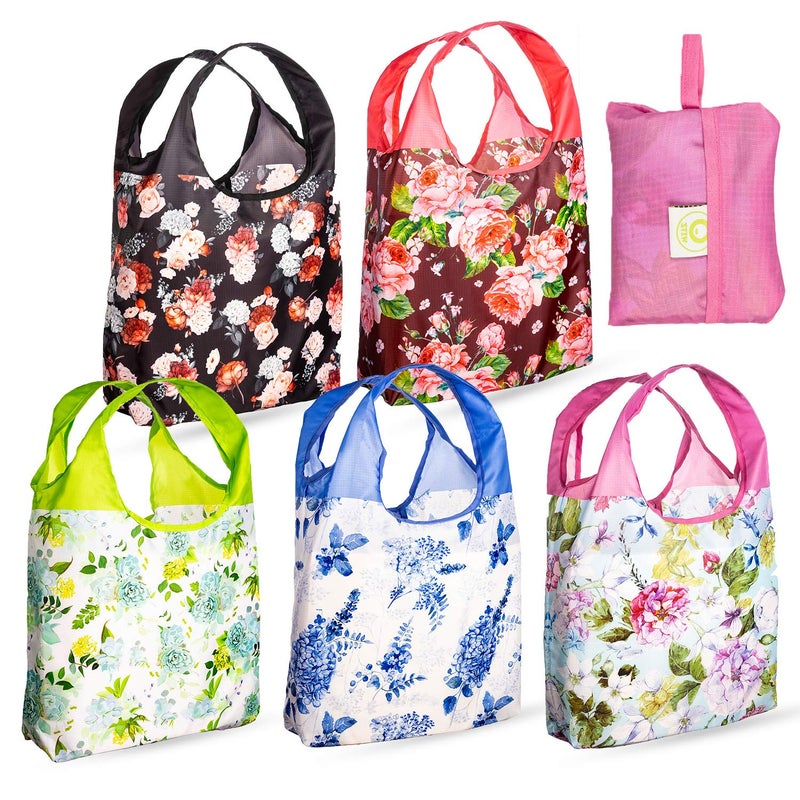 O-WITZ Reusable Grocery Bags | Vibrant Tote Bag For Groceries  Gym  Office  Beach & More | Washable Design With Large Handles For Maximum Convenience | Folds Into A Small Pouch  5 Pack  Vintage Vibes - Image 1