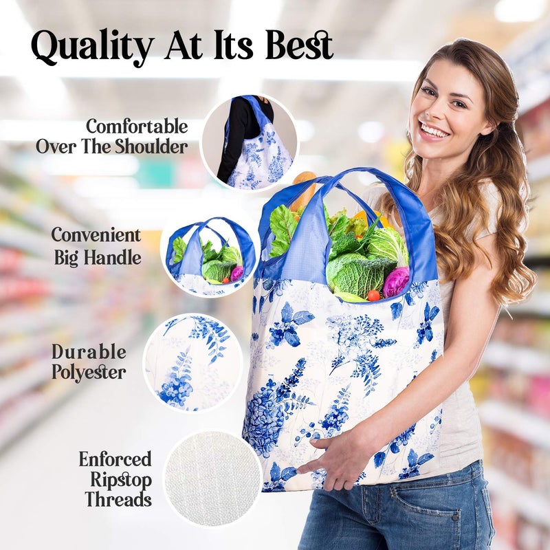 O-WITZ Reusable Grocery Bags | Vibrant Tote Bag For Groceries  Gym  Office  Beach & More | Washable Design With Large Handles For Maximum Convenience | Folds Into A Small Pouch  5 Pack  Vintage Vibes - Image 3