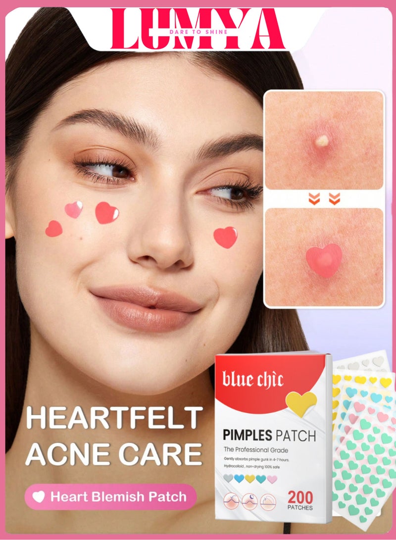 blue chic 200 Counts Heart Shaped Acne Patch Hydrocolloid Spot Stickers for Face Colorful Pimple Covers with Tea Tree and Salicylic Acid 5 Colors and 3 Sizes for Daily Skincare - Image 1