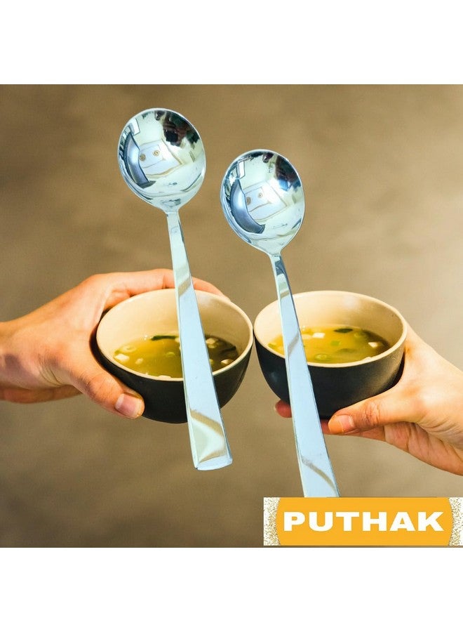 PUTHAK Long Handle Stainless Steel Round Soup Spoons Set Of 6, Cutlery, Silverware, Flatware Kitchen Utensil Dining Modern Rust-Resistant Dishwasher-Safe Spoon Set, 7 Inch - Image 3