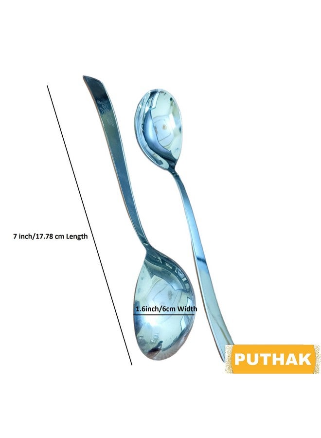 PUTHAK Long Handle Stainless Steel Round Soup Spoons Set Of 6, Cutlery, Silverware, Flatware Kitchen Utensil Dining Modern Rust-Resistant Dishwasher-Safe Spoon Set, 7 Inch - Image 2