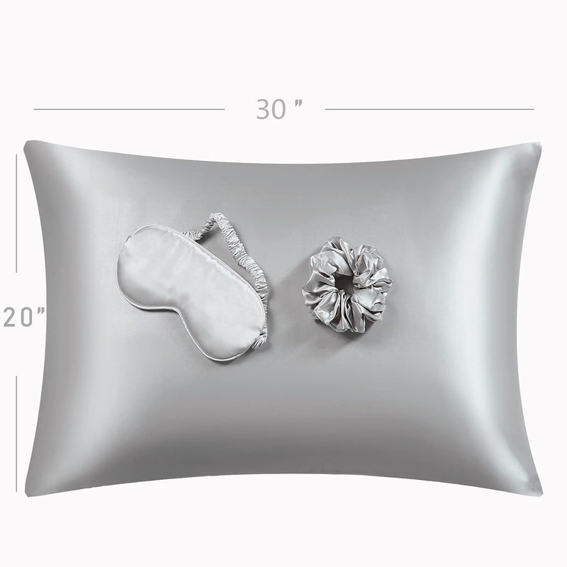 URLINENS Satin Pillowcase for Hair and Skin, Vegan Silk Pillowcase Set-2 Satin Pillowcases, 1 Eye Mask, 1 Scrunchie-Luxury Sleep Set, Silver Gray Pillow Cases Queen Size with Envelope Closure - Image 2