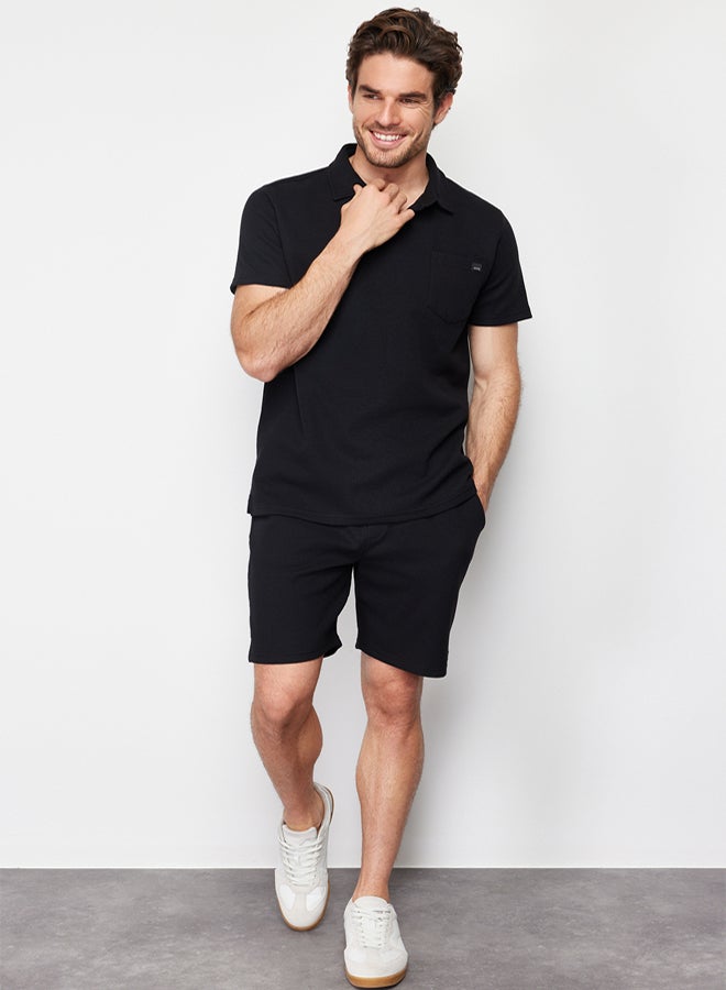 trendyol Black Regular/Normal Cut Polo Neck Labeled T-Shirt Shorts Tracksuit Set TMNSS23EM00003 - Image 3