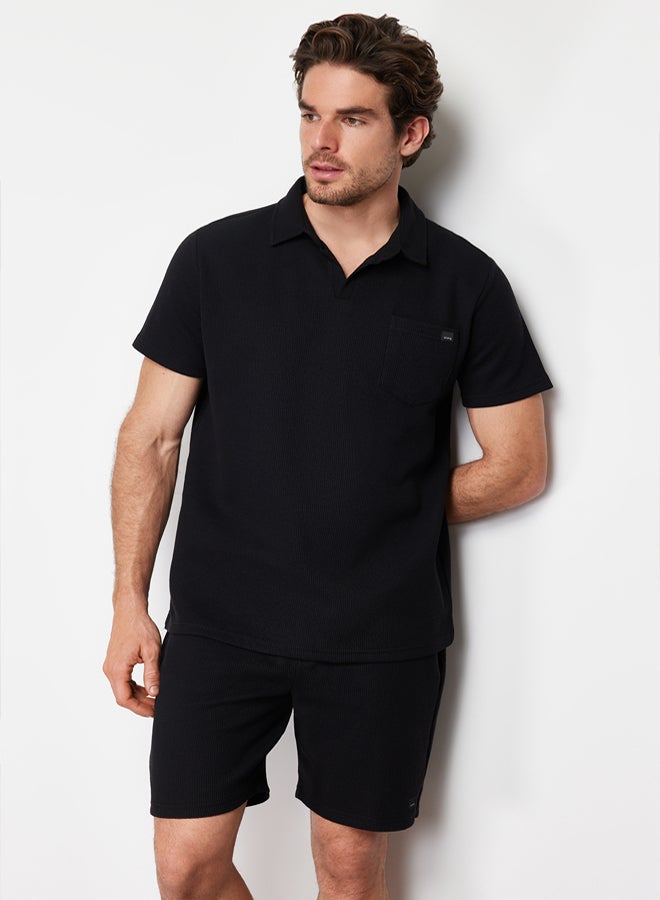 trendyol Black Regular/Normal Cut Polo Neck Labeled T-Shirt Shorts Tracksuit Set TMNSS23EM00003 - Image 4