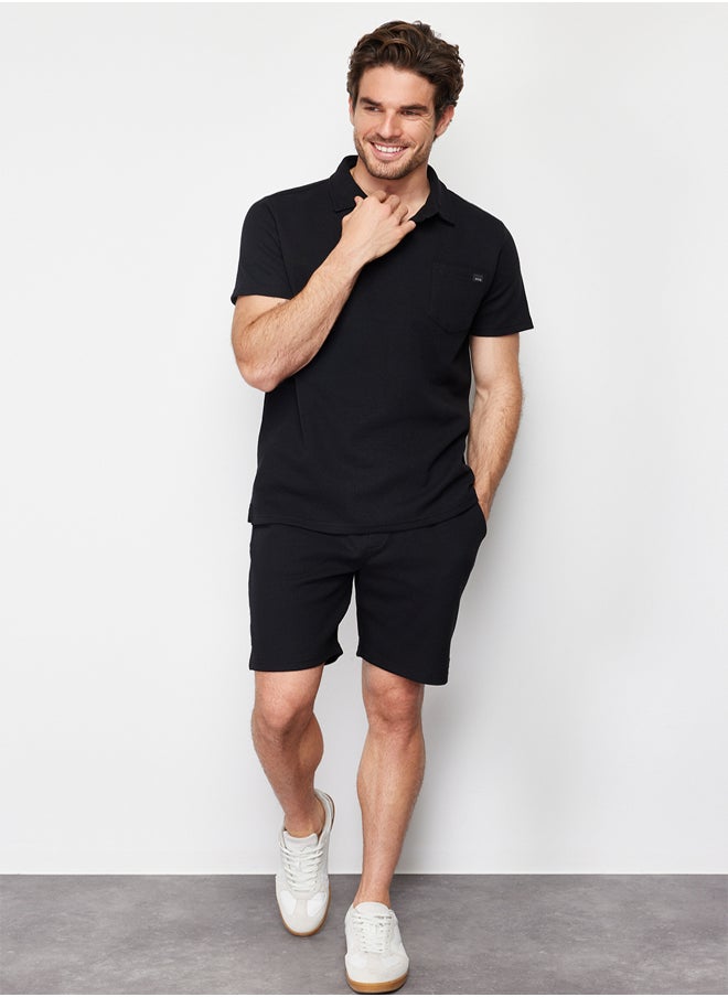 trendyol Black Regular/Normal Cut Polo Neck Labeled T-Shirt Shorts Tracksuit Set TMNSS23EM00003  - Image 3