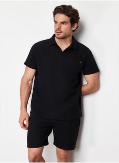 trendyol Black Regular/Normal Cut Polo Neck Labeled T-Shirt Shorts Tracksuit Set TMNSS23EM00003  - Image 4