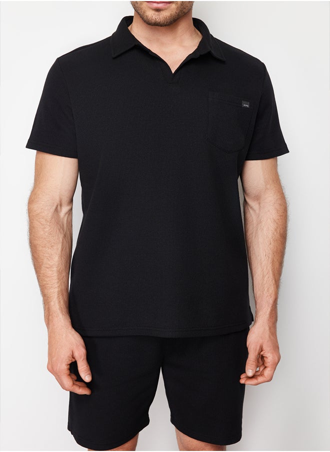 trendyol Black Regular/Normal Cut Polo Neck Labeled T-Shirt Shorts Tracksuit Set TMNSS23EM00003  - Image 5